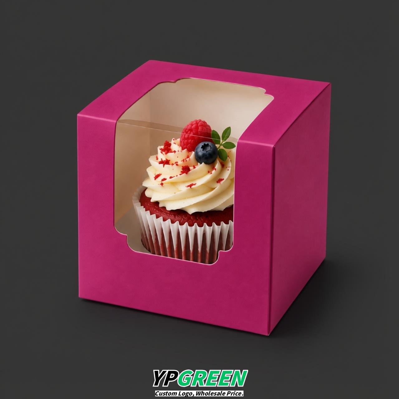 Fuchsia Individual 3.5 inches Square Paper Cupcake Box Containers with Windows & Inserts