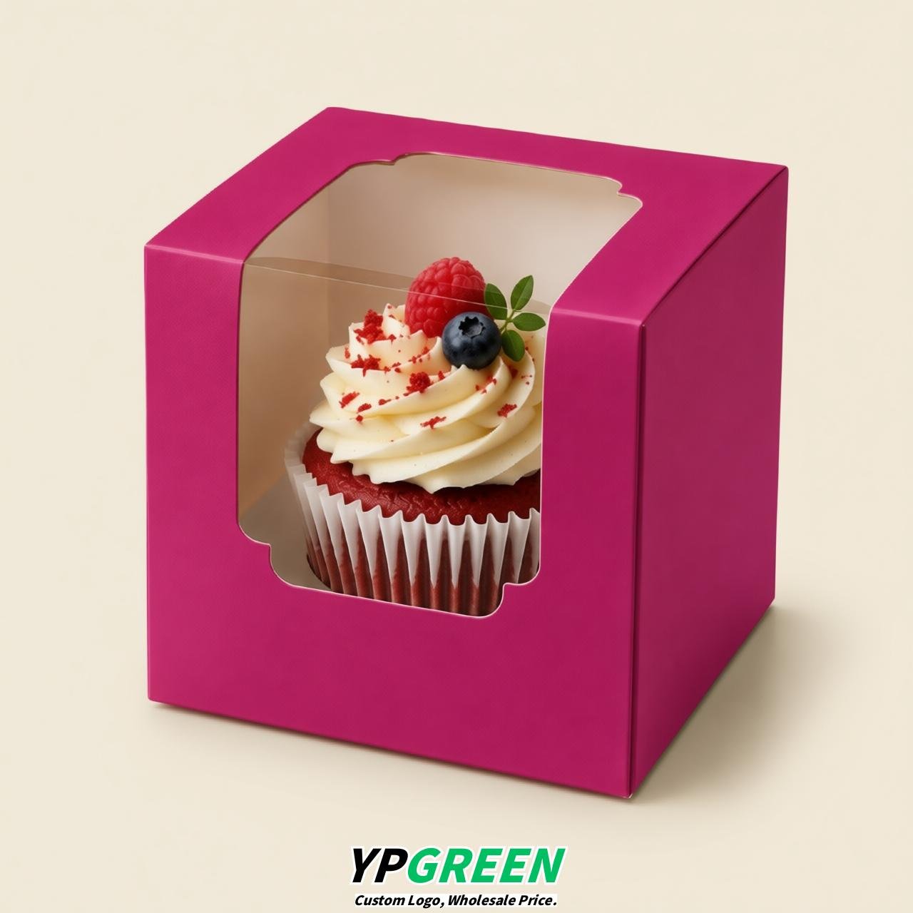 Fuchsia Individual 3.5 inches Square Paper Cupcake Box Containers with Windows & Inserts
