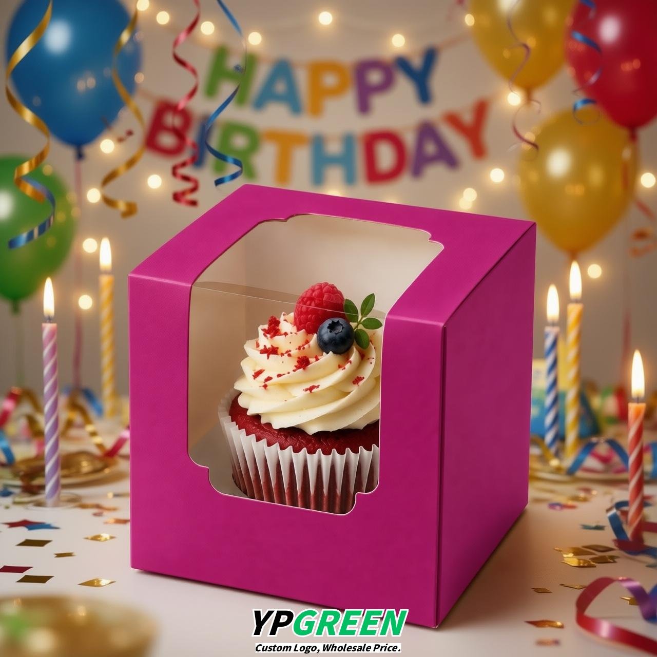Fuchsia Individual 3.5 inches Square Paper Cupcake Box Containers with Windows & Inserts