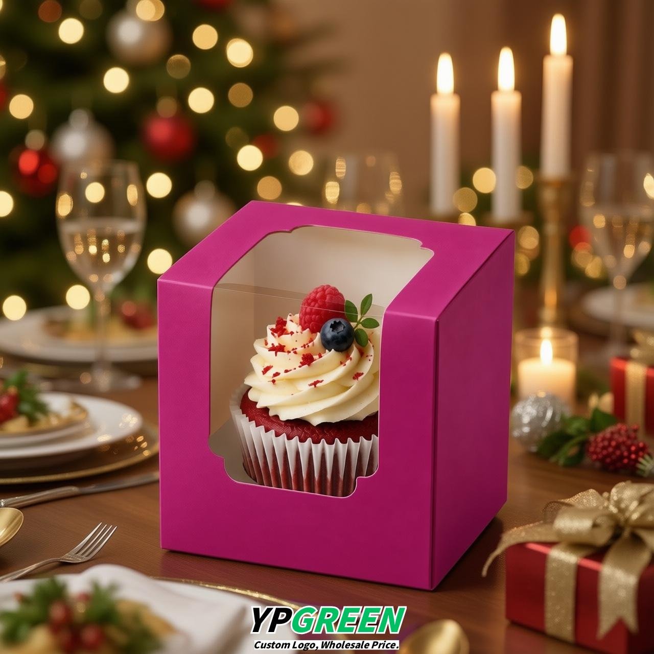 Fuchsia Individual 3.5 inches Square Paper Cupcake Box Containers with Windows & Inserts Fuchsia Individual 3.5 inches Square Paper Cupcake Box Containers with Windows & Inserts