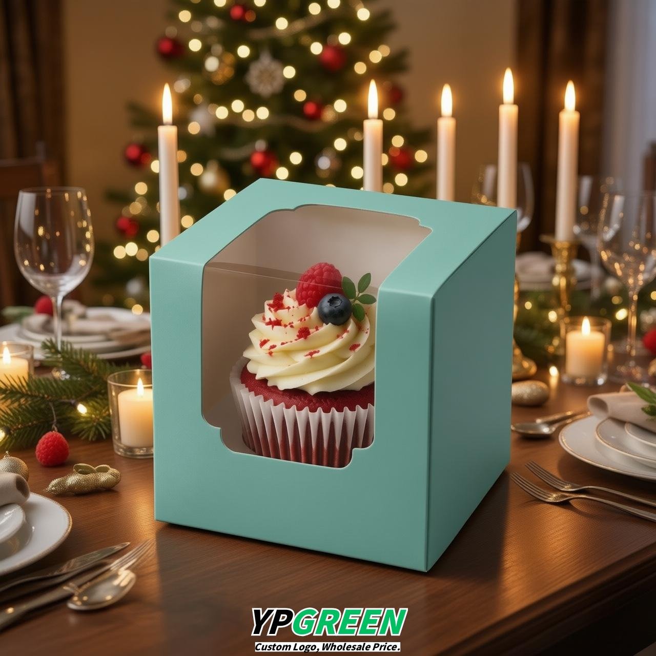 Glaucous Individual 3.5 inches Square Paper Cupcake Box Containers with Windows & Inserts