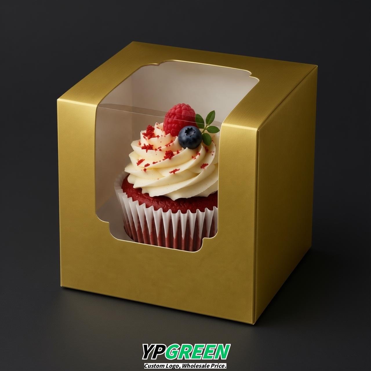 Gold Individual 3.5 inches Square Paper Cupcake Box Containers with Windows & Inserts