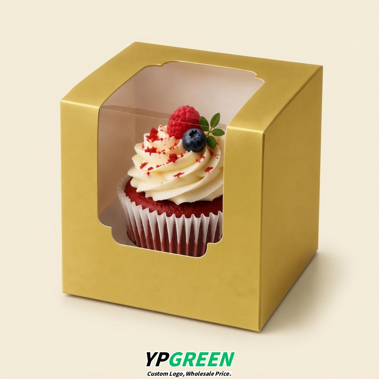 Gold Individual 3.5 inches Square Paper Cupcake Box Containers with Windows & Inserts