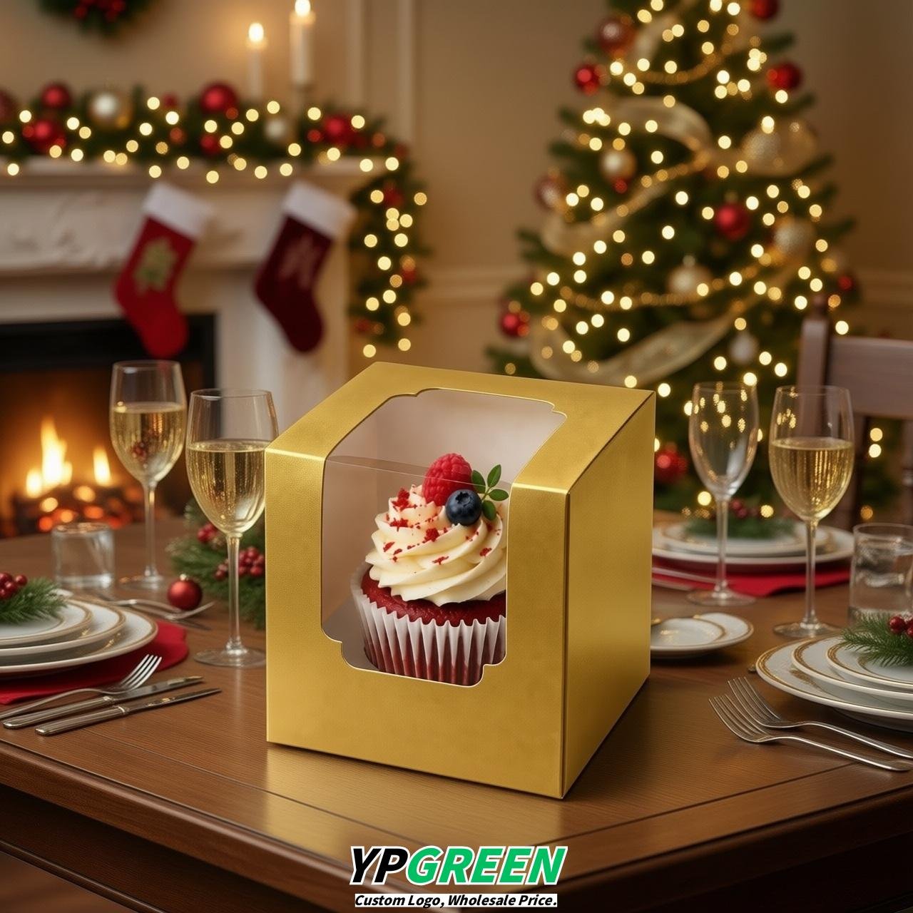 Gold Individual 3.5 inches Square Paper Cupcake Box Containers with Windows & Inserts