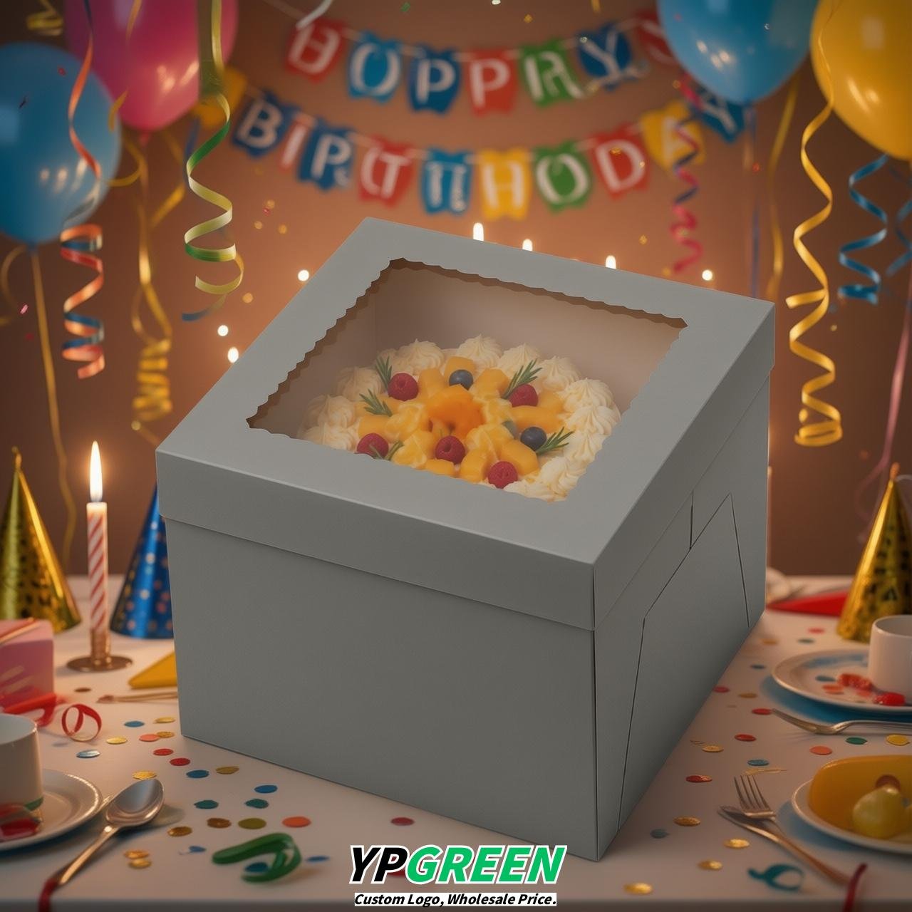 Gray 10 & 12 inches Cake Box with Window - Square Cardboard Cake Box