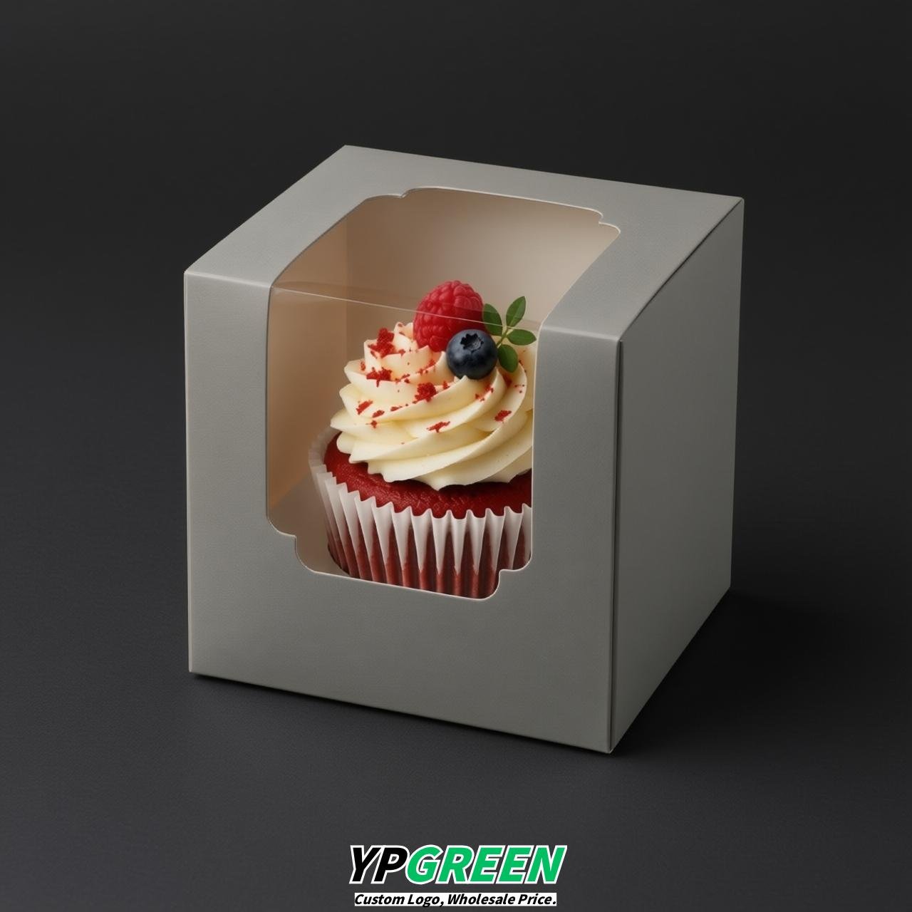 Gray Individual 3.5 inches Square Paper Cupcake Box Containers with Windows & Inserts