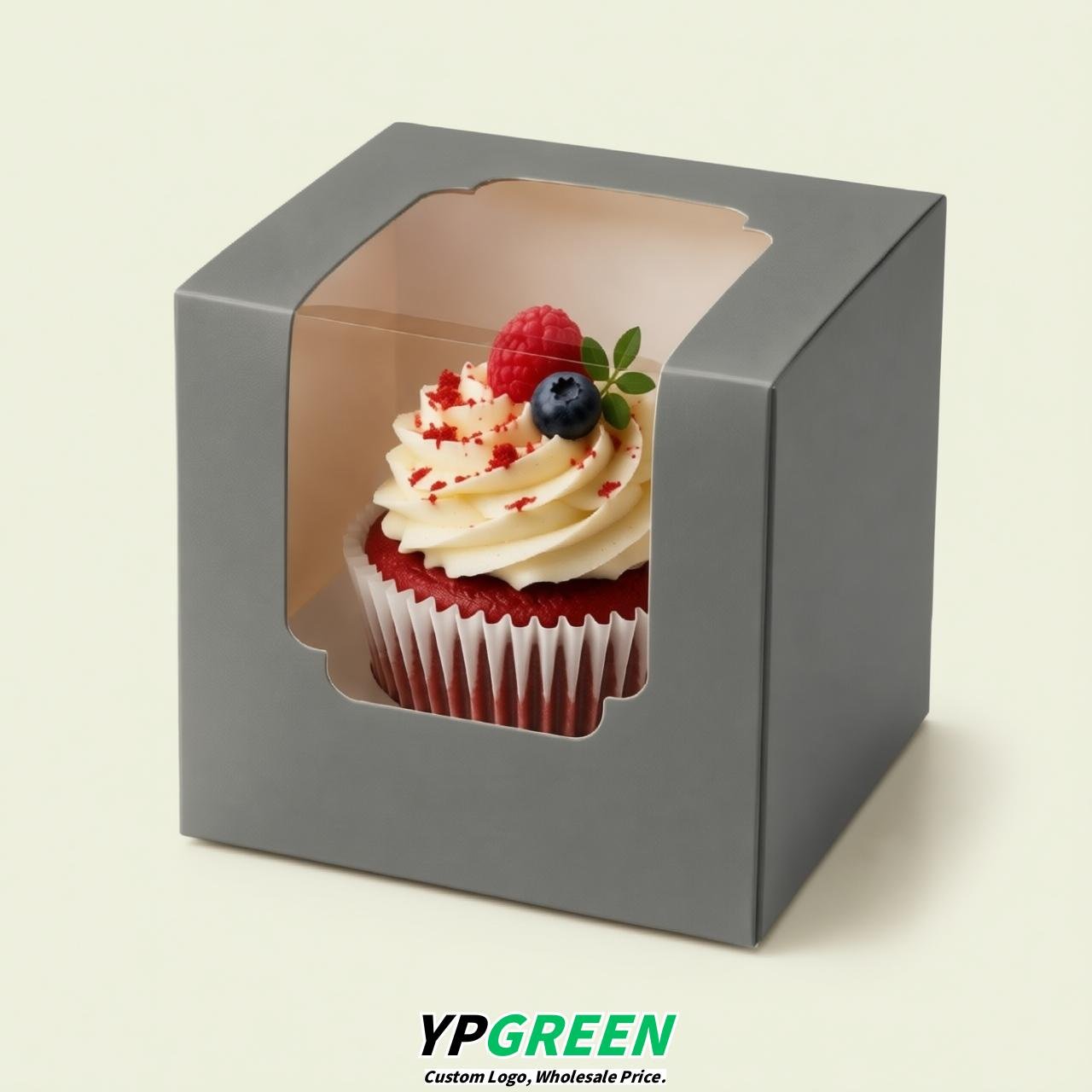 Gray Individual 3.5 inches Square Paper Cupcake Box Containers with Windows & Inserts