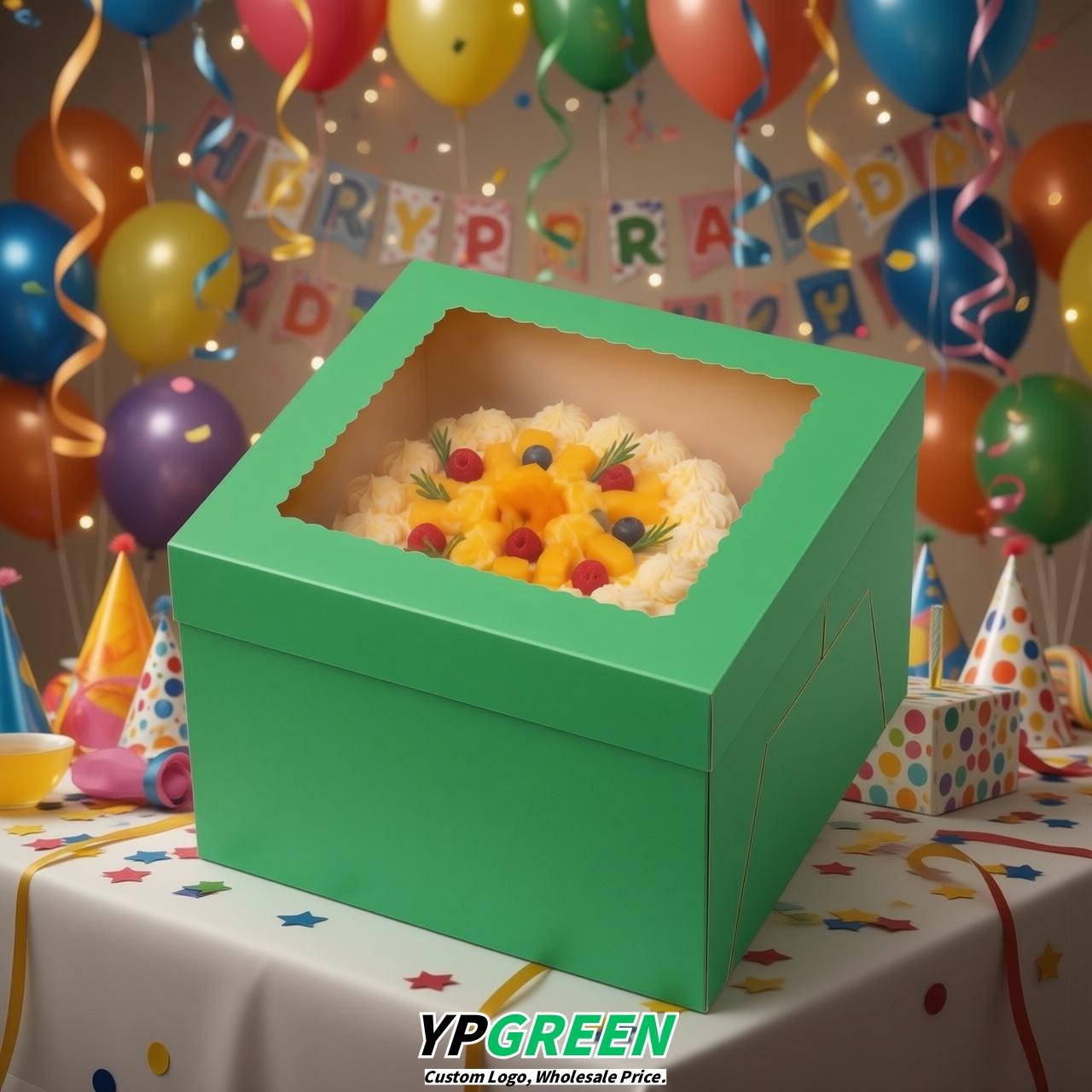 Green 10 & 12 inches Tall Cake Box with Window - Square Cardboard Cake Box