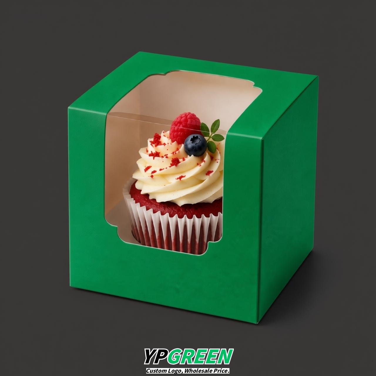 Green Individual 3.5 inches Square Paper Cupcake Box Containers with Windows & Inserts