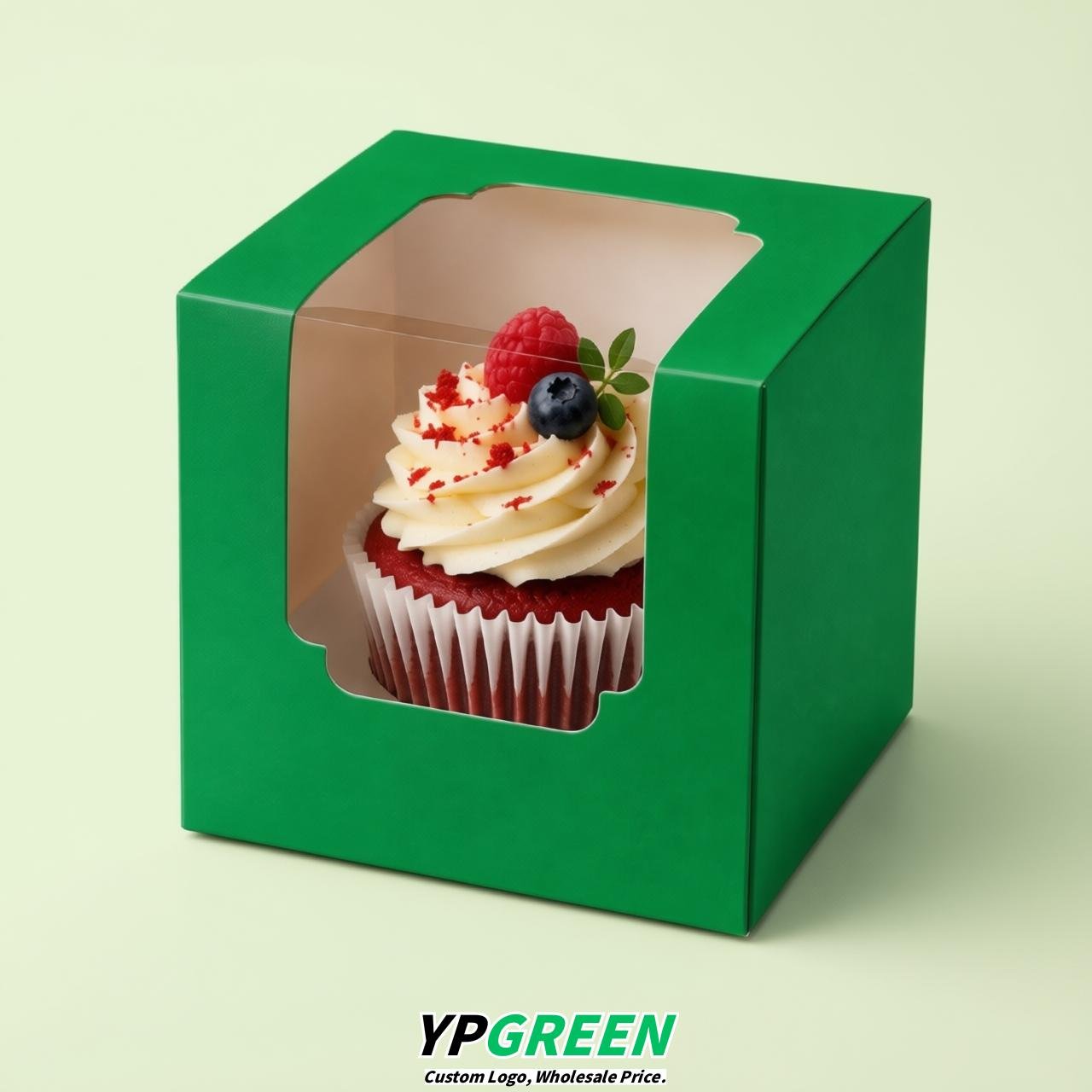 Green Individual 3.5 inches Square Paper Cupcake Box Containers with Windows & Inserts