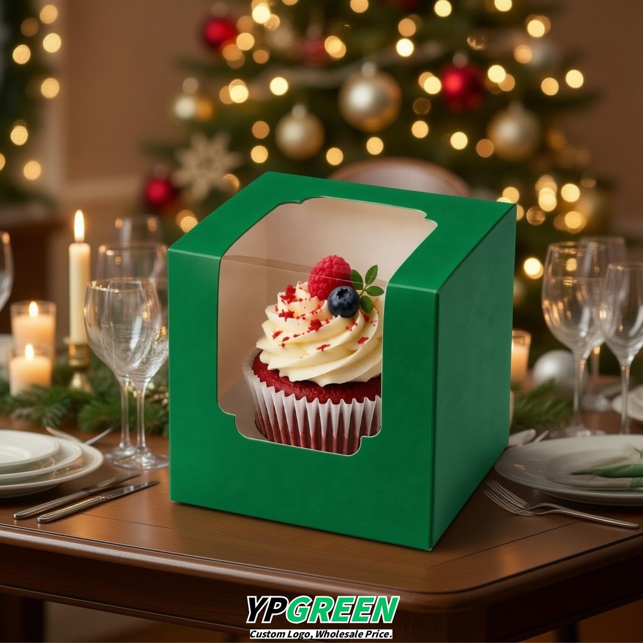 Green Individual 3.5 inches Square Paper Cupcake Box Containers with Windows & Inserts