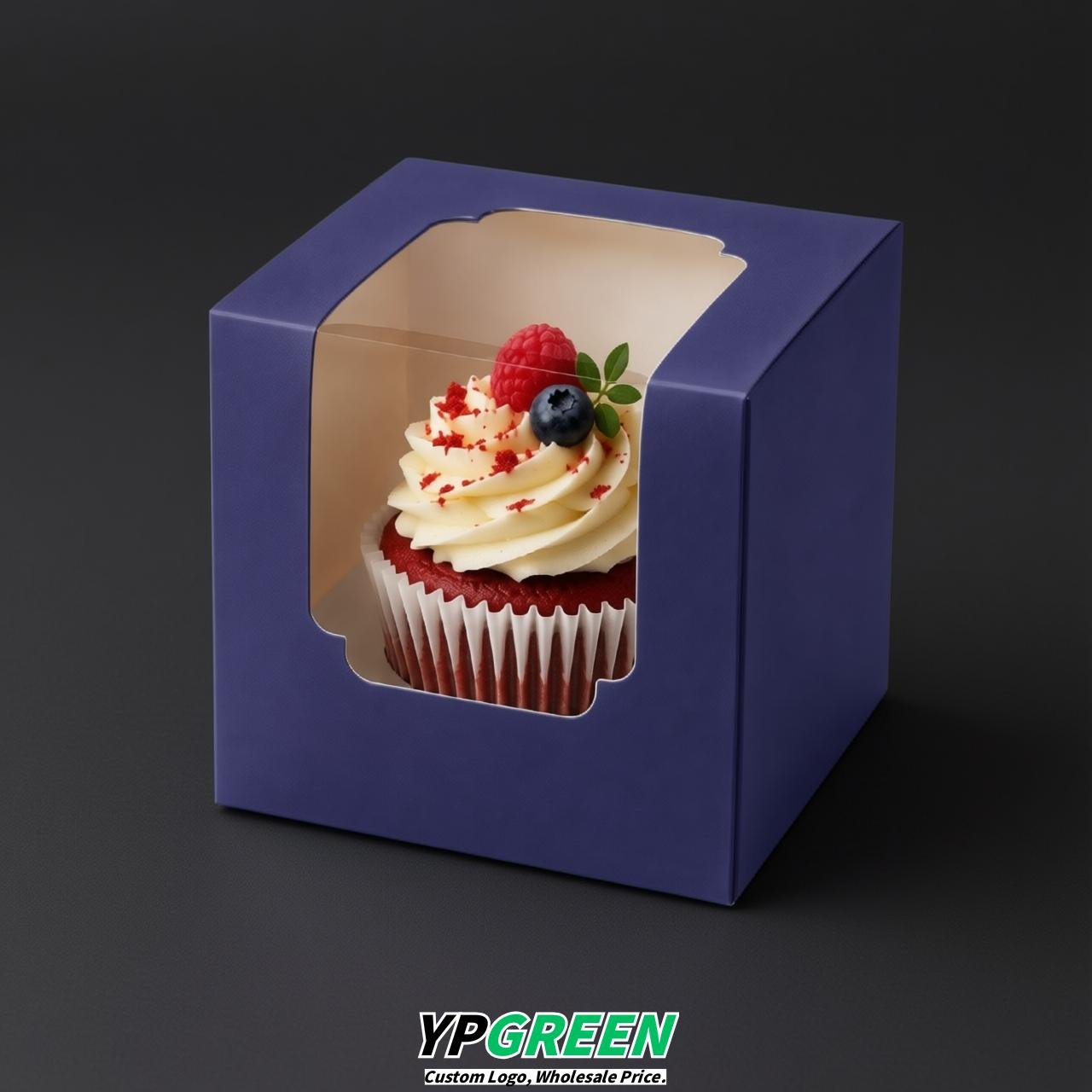 Indigo Individual 3.5 inches Square Paper Cupcake Box Containers with Windows & Inserts