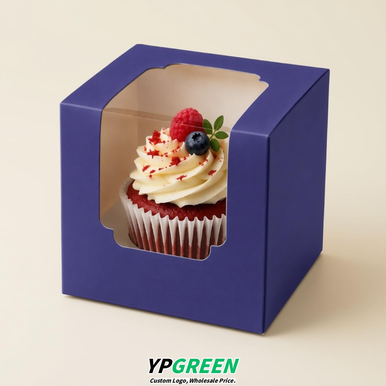 Indigo Individual 3.5 inches Square Paper Cupcake Box Containers with Windows & Inserts