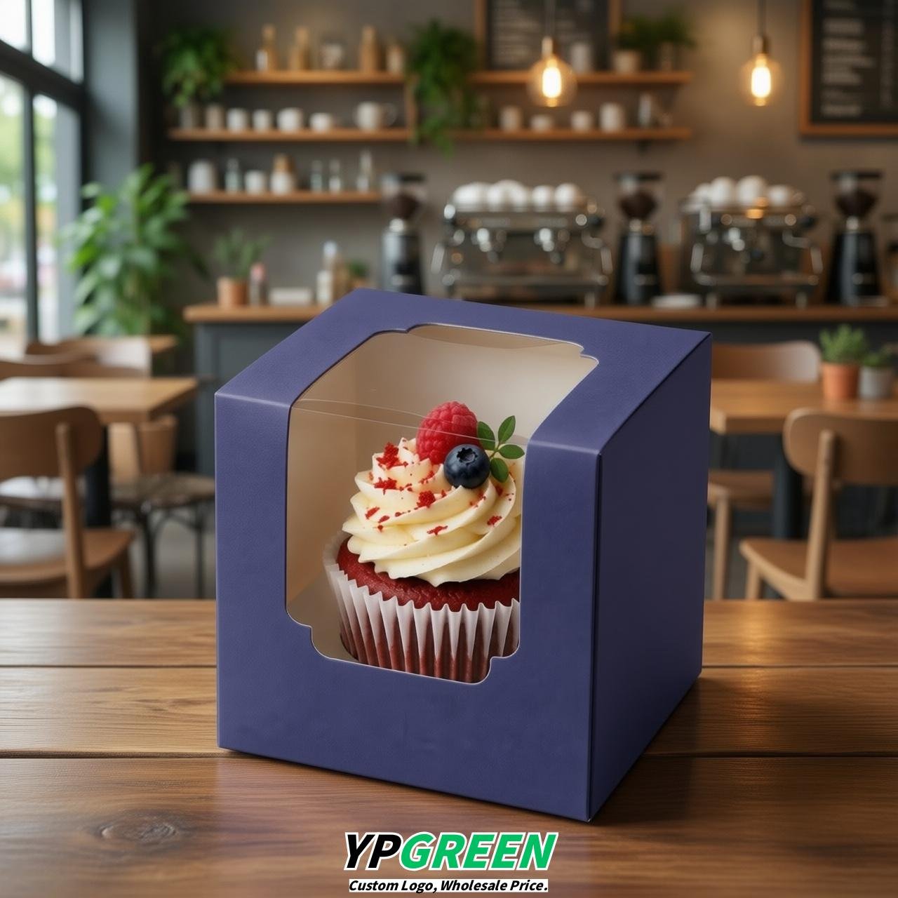Indigo Individual 3.5 inches Square Paper Cupcake Box Containers with Windows & Inserts