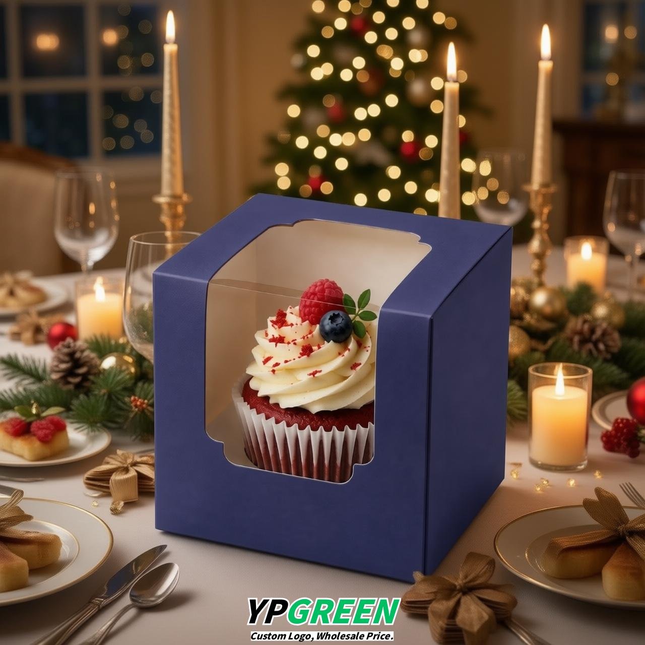 Indigo Individual 3.5 inches Square Paper Cupcake Box Containers with Windows & Inserts