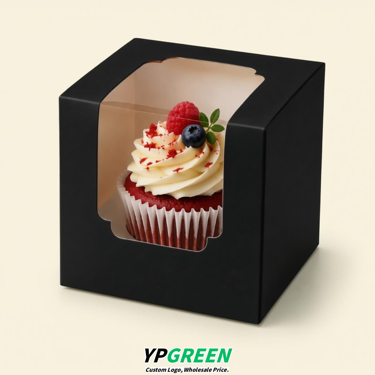 Jet Black Individual 3.5 inches Square Paper Cupcake Box Containers with Windows & Inserts