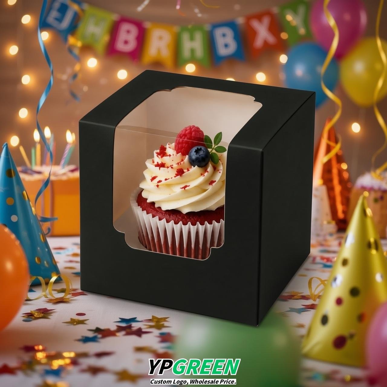 Jet Black Individual 3.5 inches Square Paper Cupcake Box Containers with Windows & Inserts