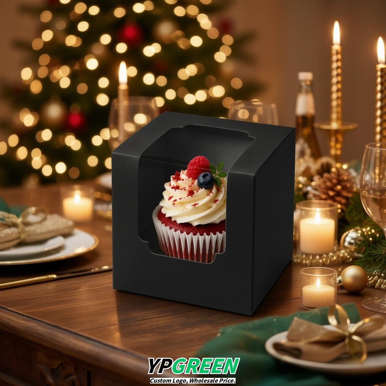 Jet Black Individual 3.5 inches Square Paper Cupcake Box Containers with Windows & Inserts