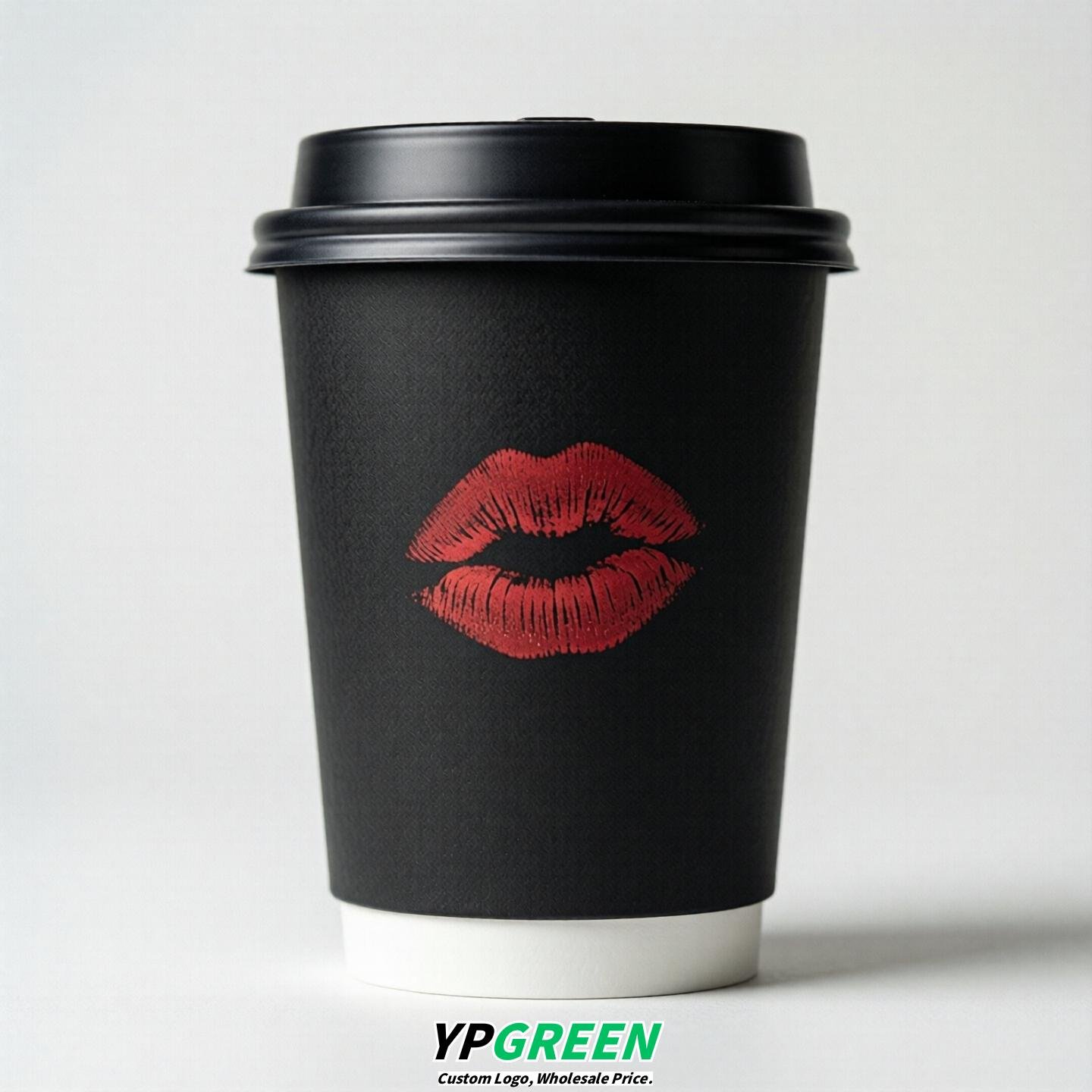 Jet Black Paper Cups with Lips Print 10oz/12oz/16oz/20oz/22oz