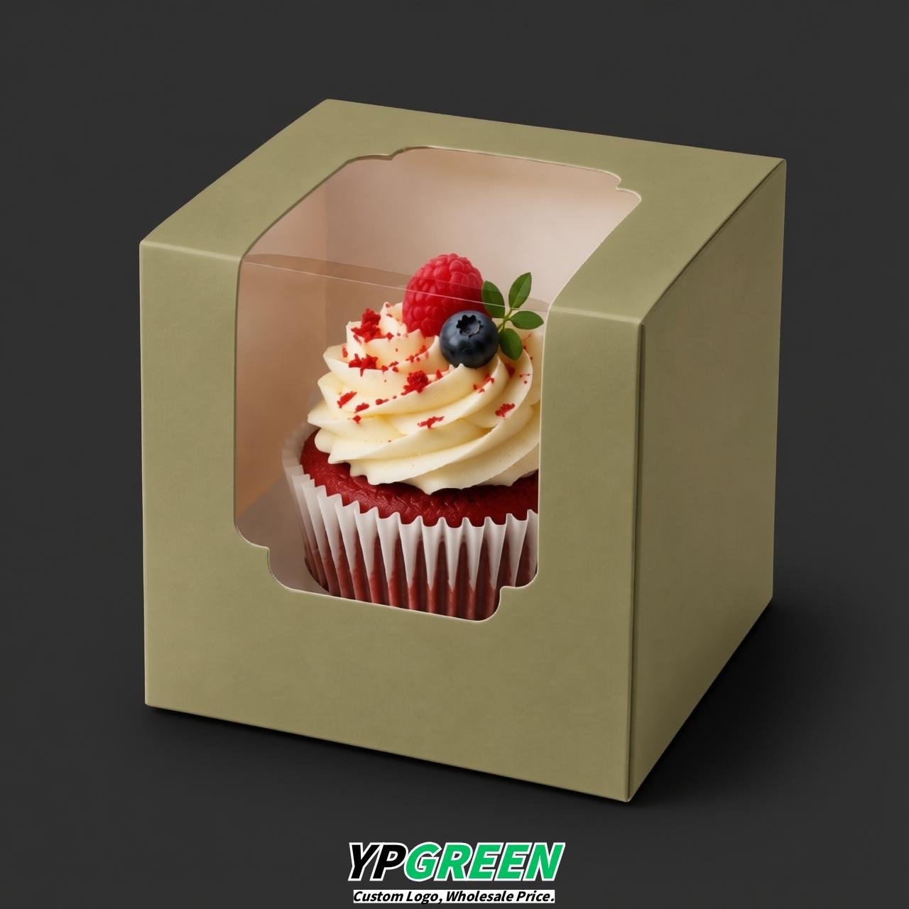 Khaki Individual 3.5 inches Square Paper Cupcake Box Containers with Windows & Inserts