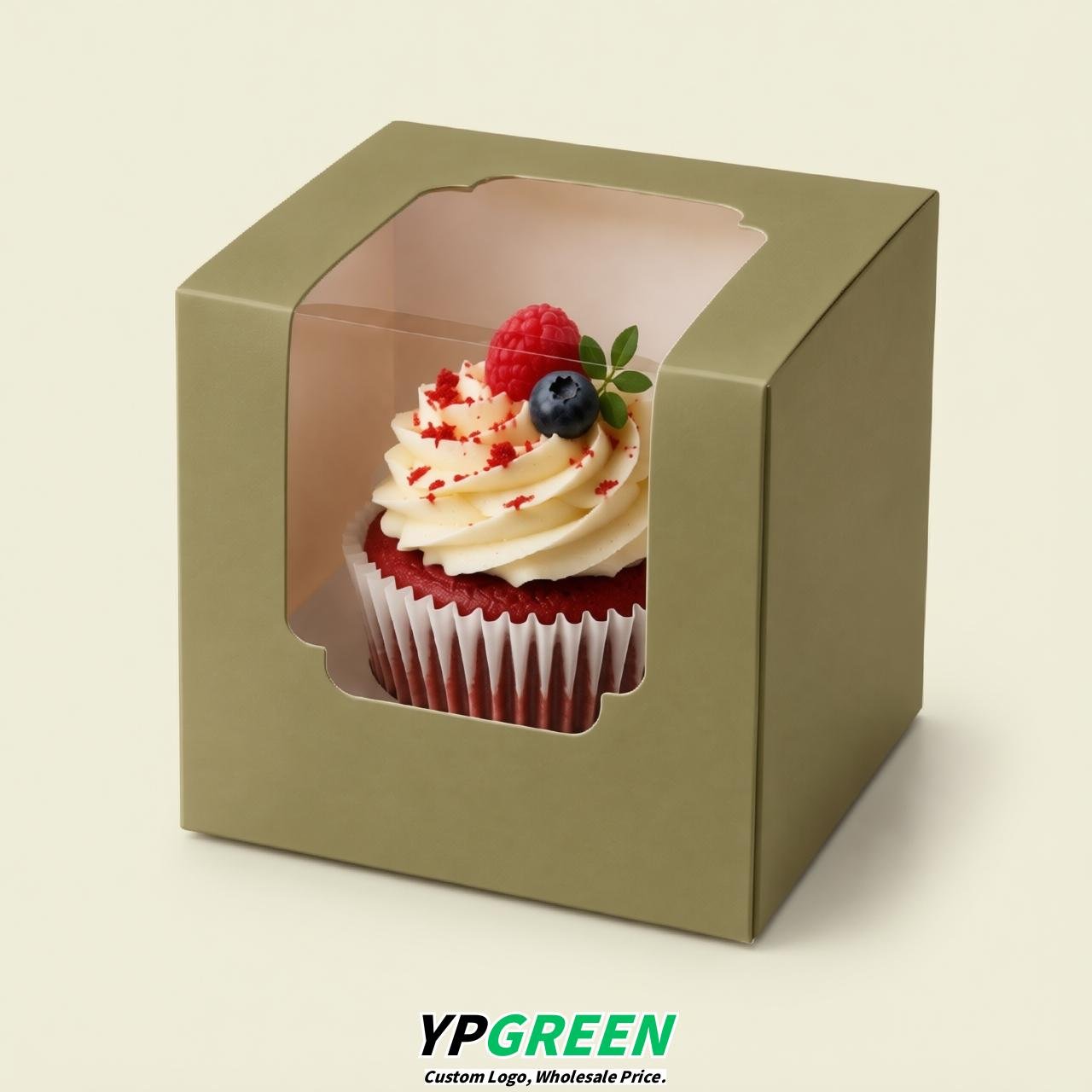 Khaki Individual 3.5 inches Square Paper Cupcake Box Containers with Windows & Inserts