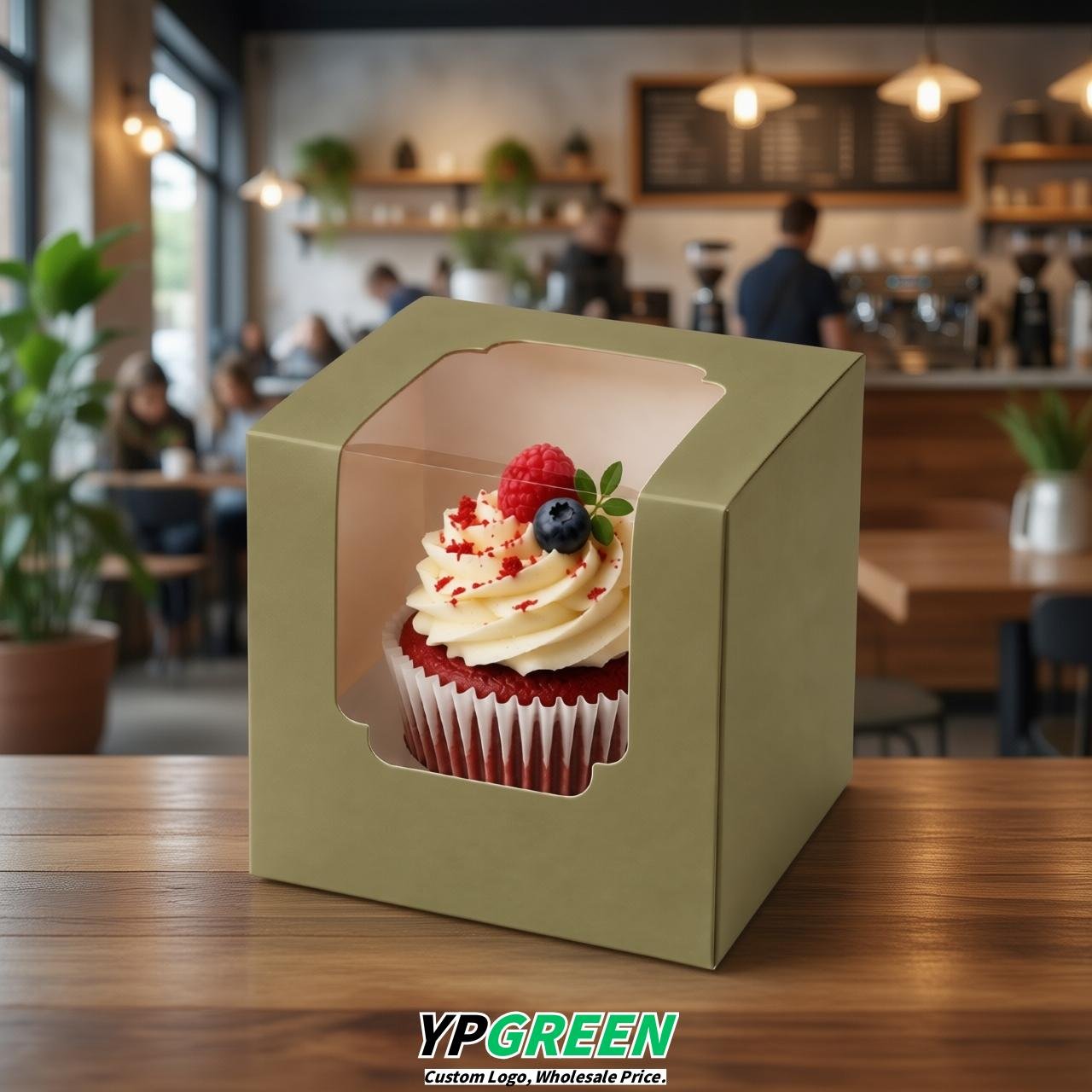 Khaki Individual 3.5 inches Square Paper Cupcake Box Containers with Windows & Inserts