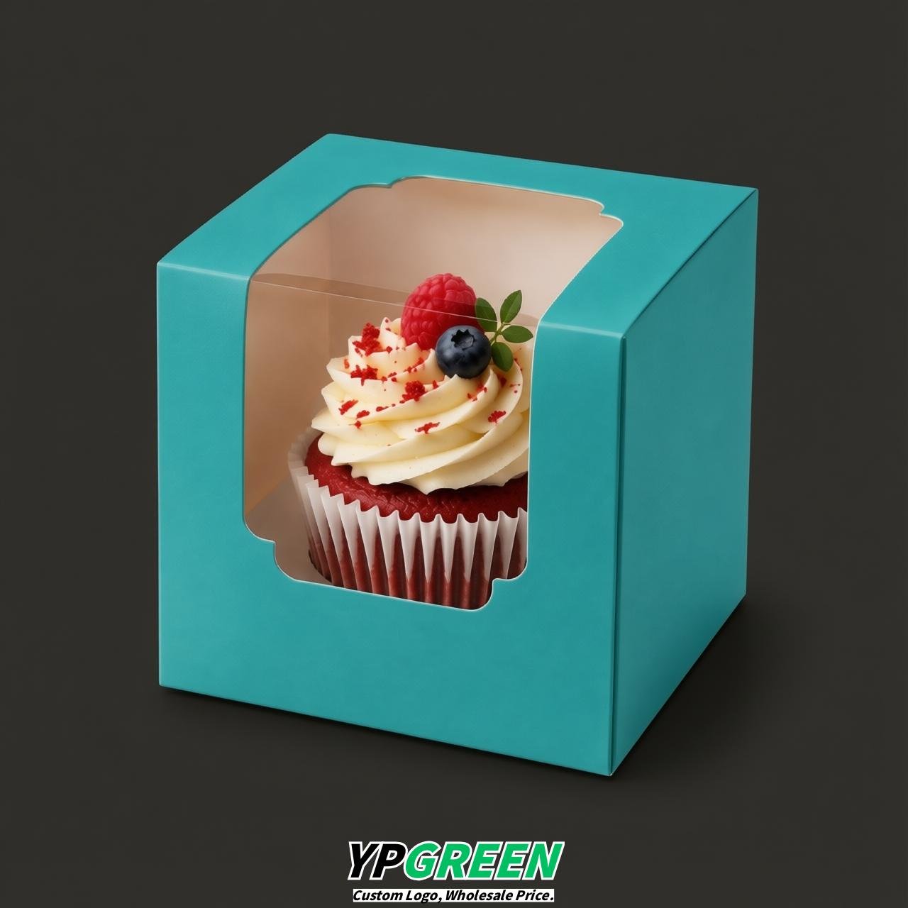 Lake Blue Individual 3.5 inches Square Paper Cupcake Box Containers with Windows & Inserts