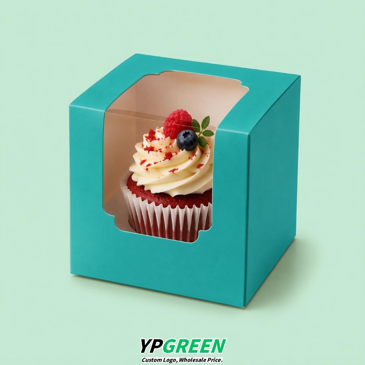 Lake Blue Individual 3.5 inches Square Paper Cupcake Box Containers with Windows & Inserts