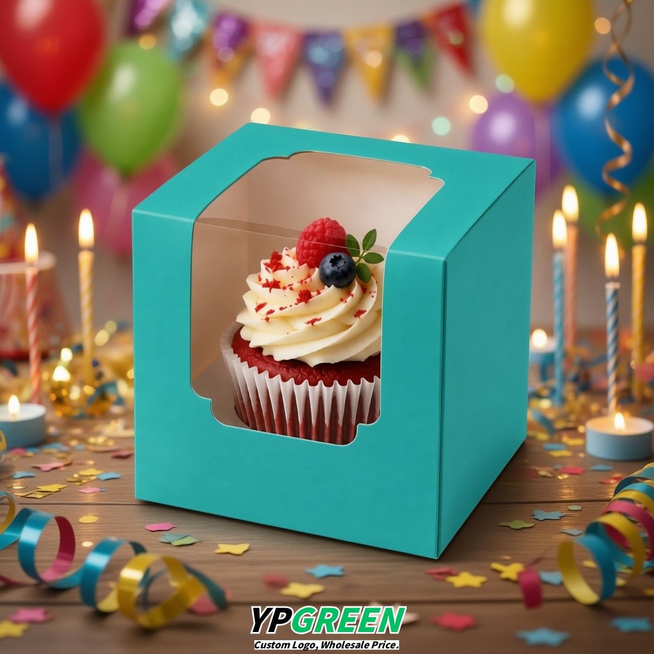 Lake Blue Individual 3.5 inches Square Paper Cupcake Box Containers with Windows & Inserts