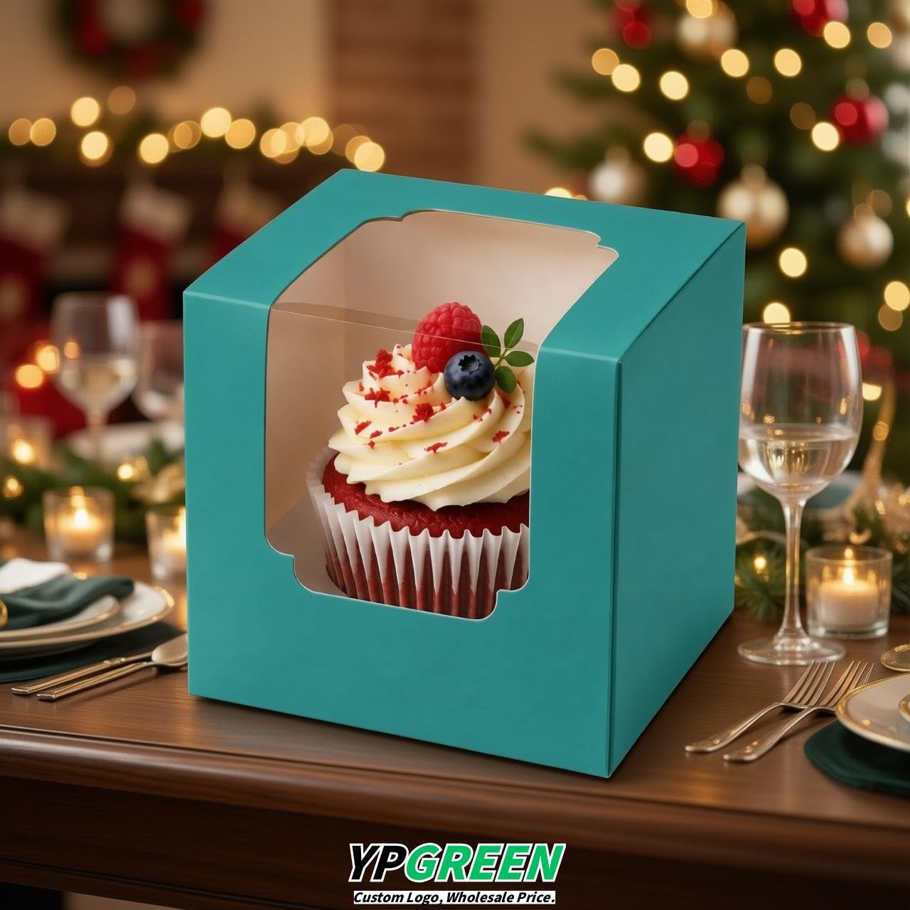 Lake Blue Individual 3.5 inches Square Paper Cupcake Box Containers with Windows & Inserts