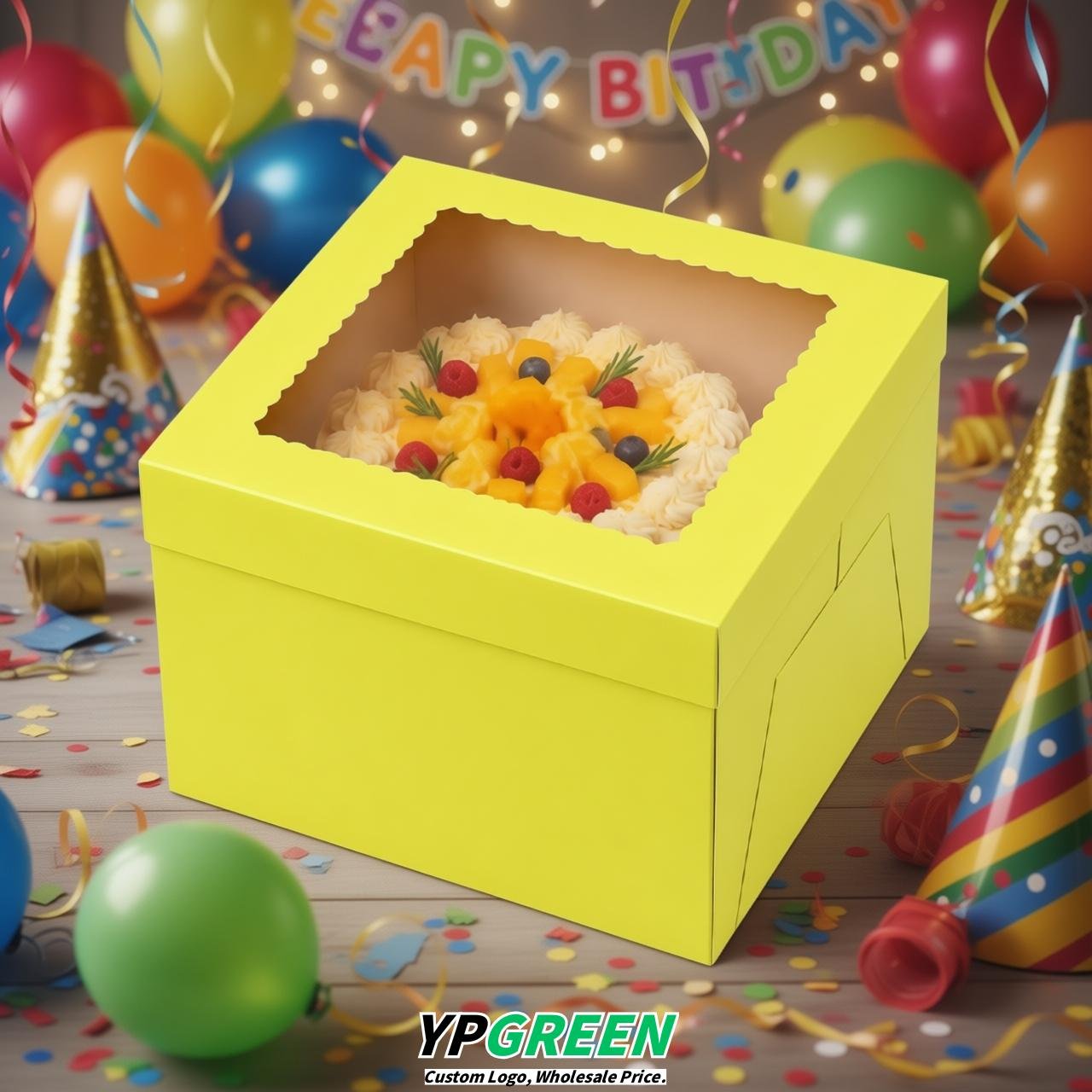 Lemon Yellow 10 & 12 inches Cake Box with Window - Square Cardboard Cake Box