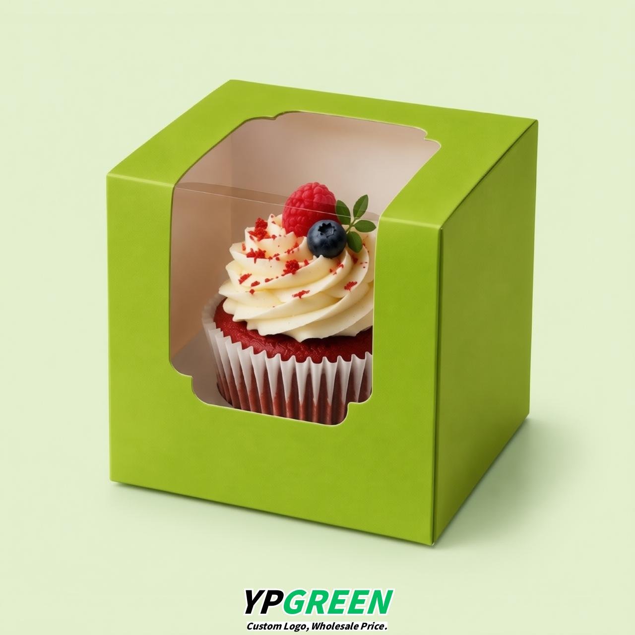 Lime Green Individual 3.5 inches Square Paper Cupcake Box Containers with Windows & Inserts