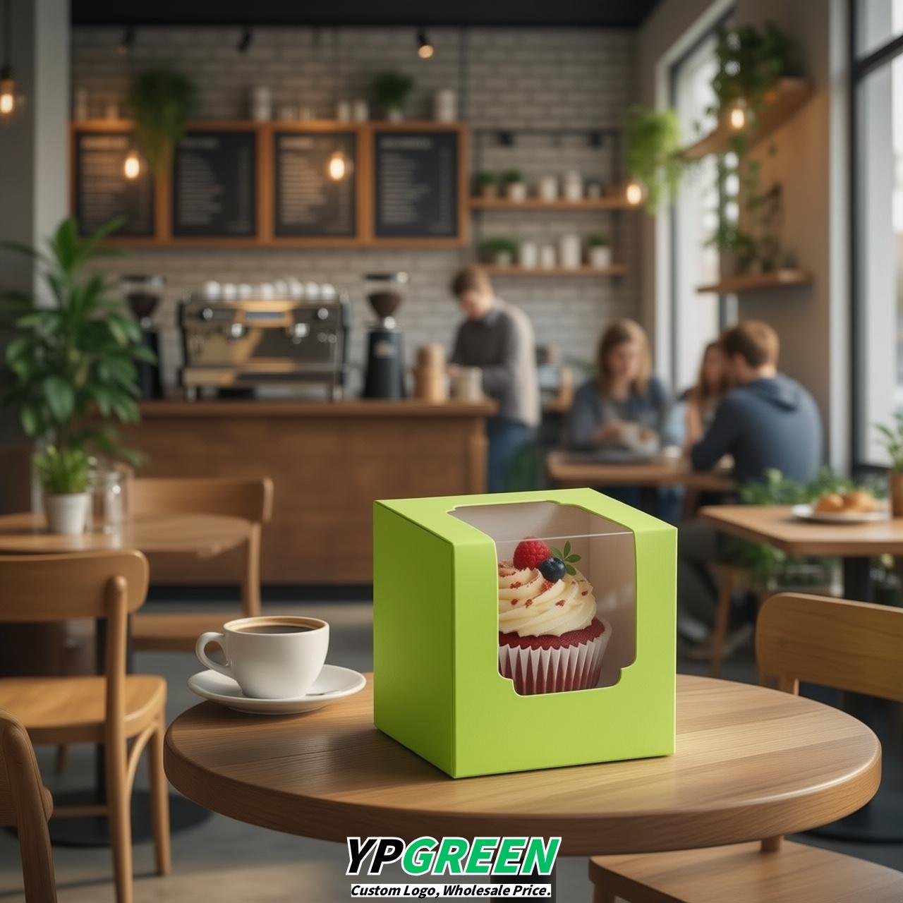 Lime Green Individual 3.5 inches Square Paper Cupcake Box Containers with Windows & Inserts