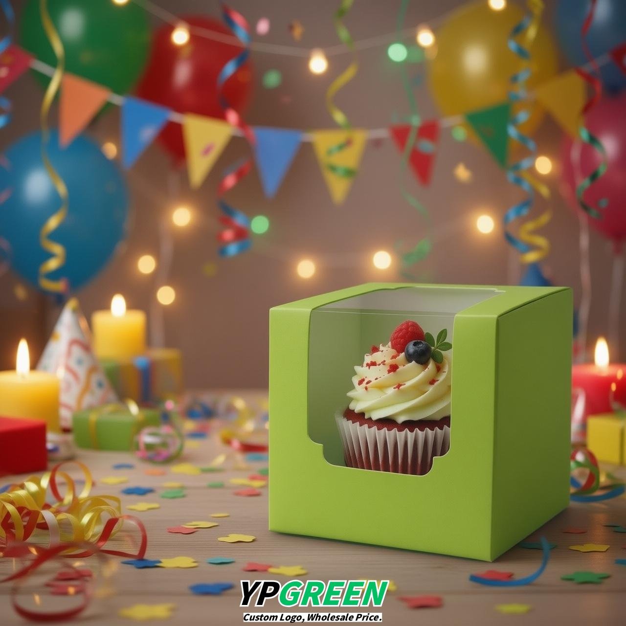 Lime Green Individual 3.5 inches Square Paper Cupcake Box Containers with Windows & Inserts