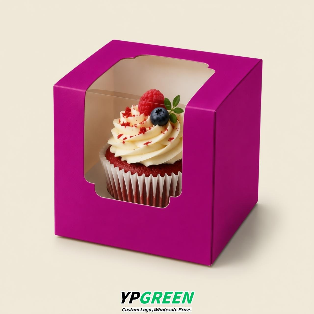 Magenta Individual 3.5 inches Square Paper Cupcake Box Containers with Windows & Inserts