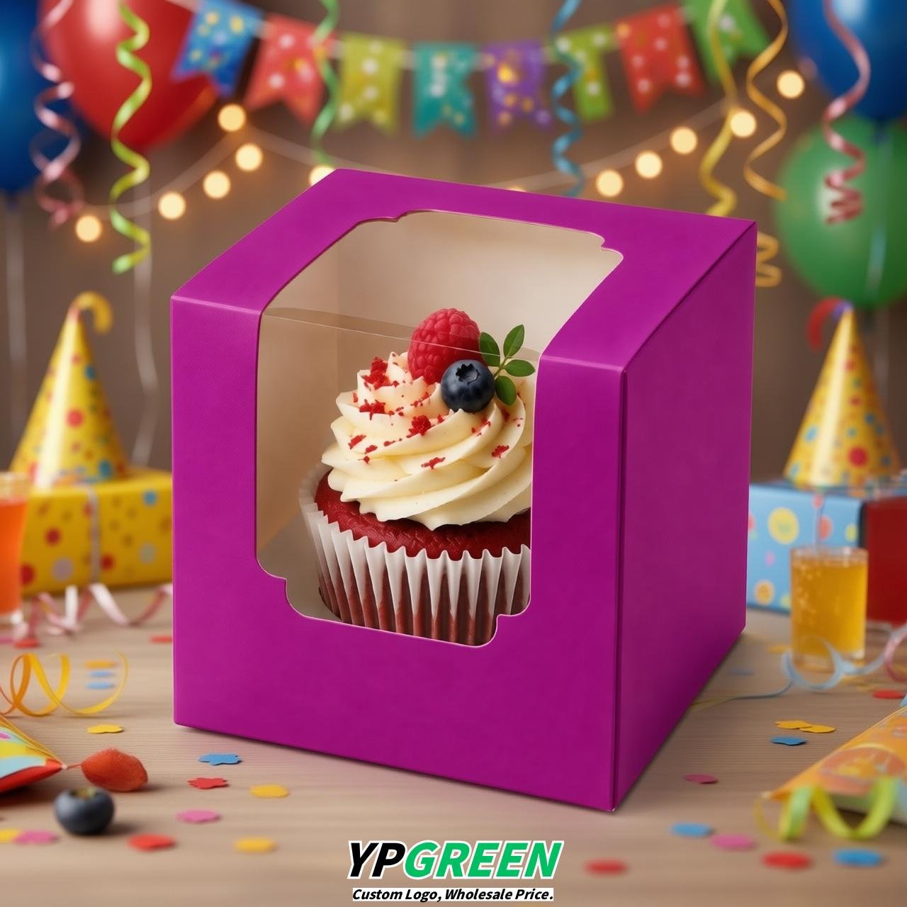 Magenta Individual 3.5 inches Square Paper Cupcake Box Containers with Windows & Inserts