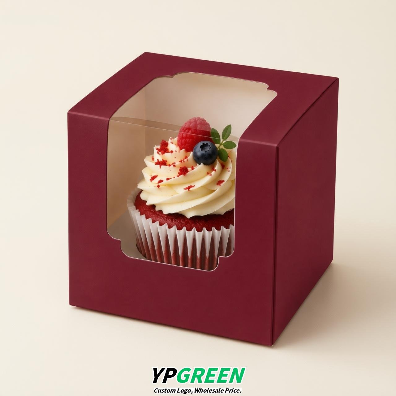 Maroon Individual 3.5 inches Square Paper Cupcake Box Containers with Windows & Inserts