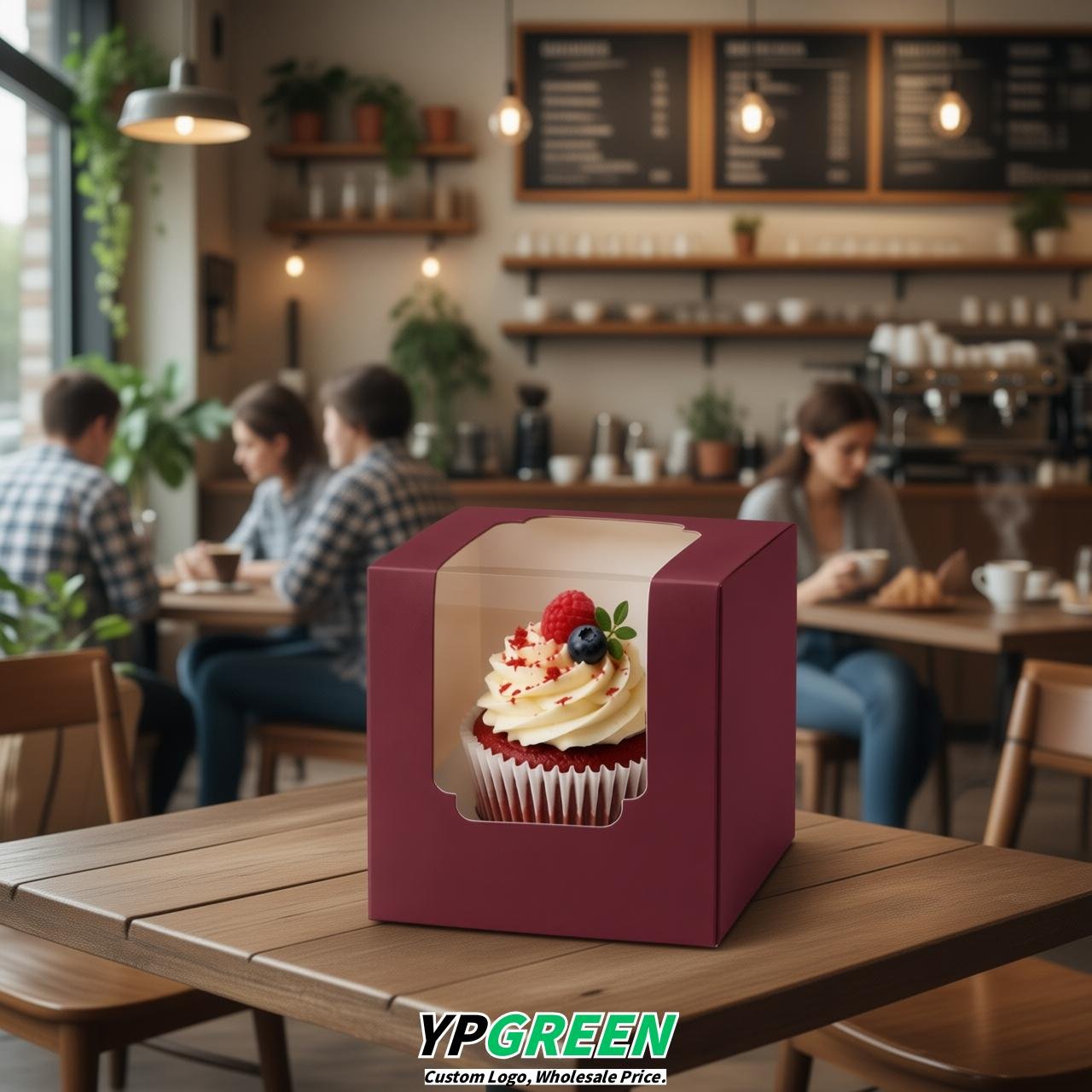 Maroon Individual 3.5 inches Square Paper Cupcake Box Containers with Windows & Inserts