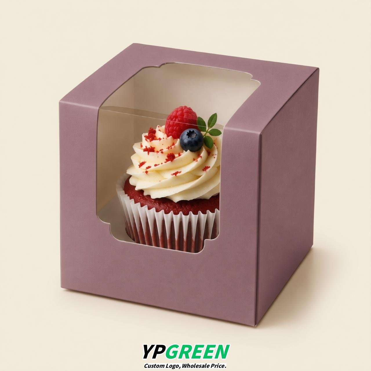 Mauve Individual 3.5 inches Square Paper Cupcake Box Containers with Windows & Inserts