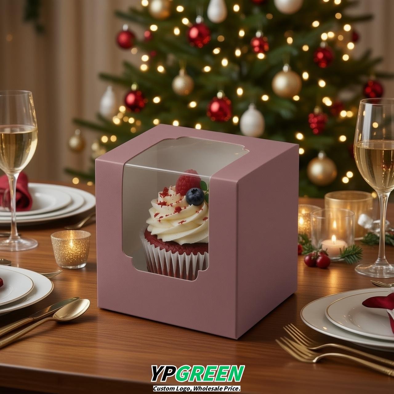Mauve Individual 3.5 inches Square Paper Cupcake Box Containers with Windows & Inserts