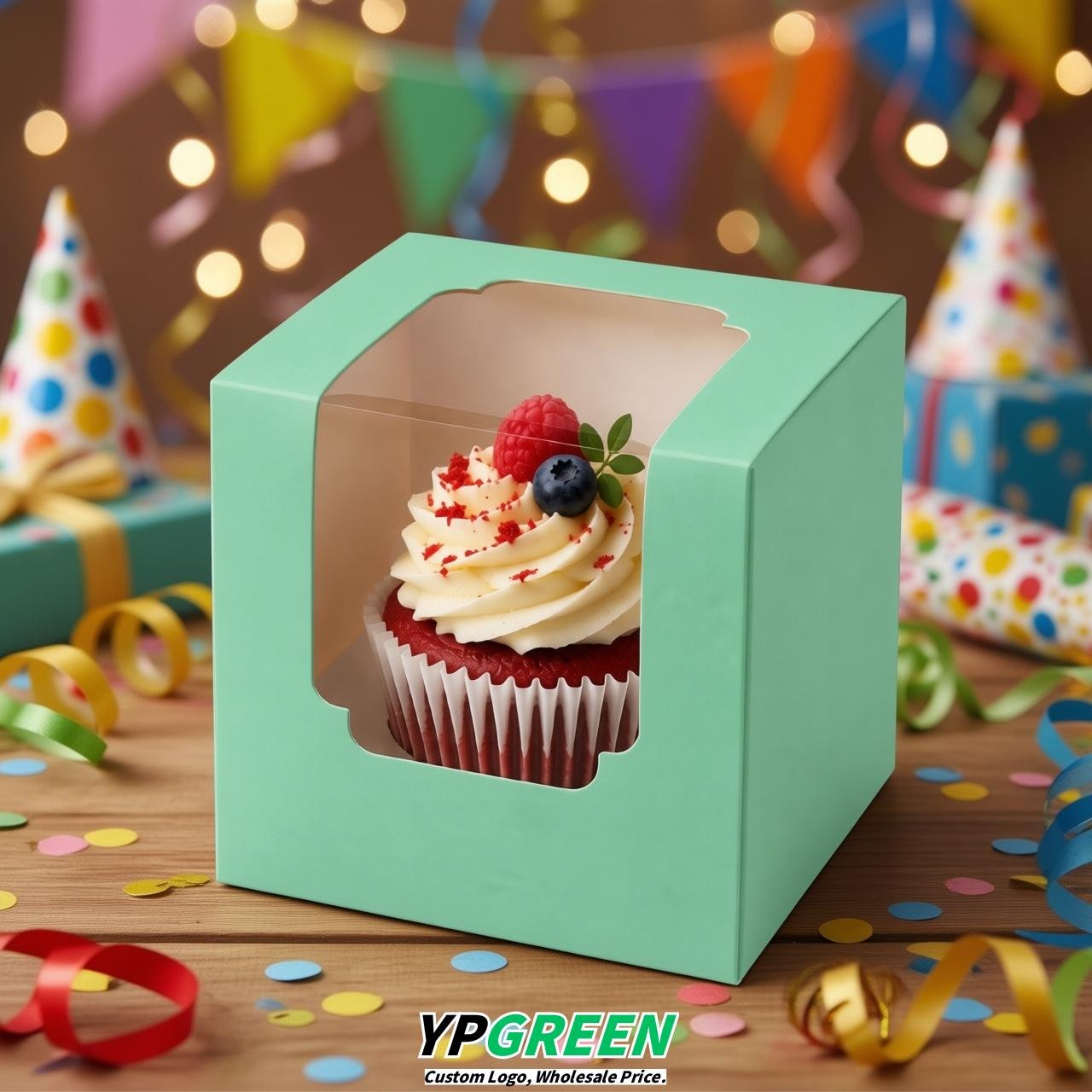 Mint Green Individual 3.5 inches Square Paper Cupcake Box Containers with Windows & Inserts