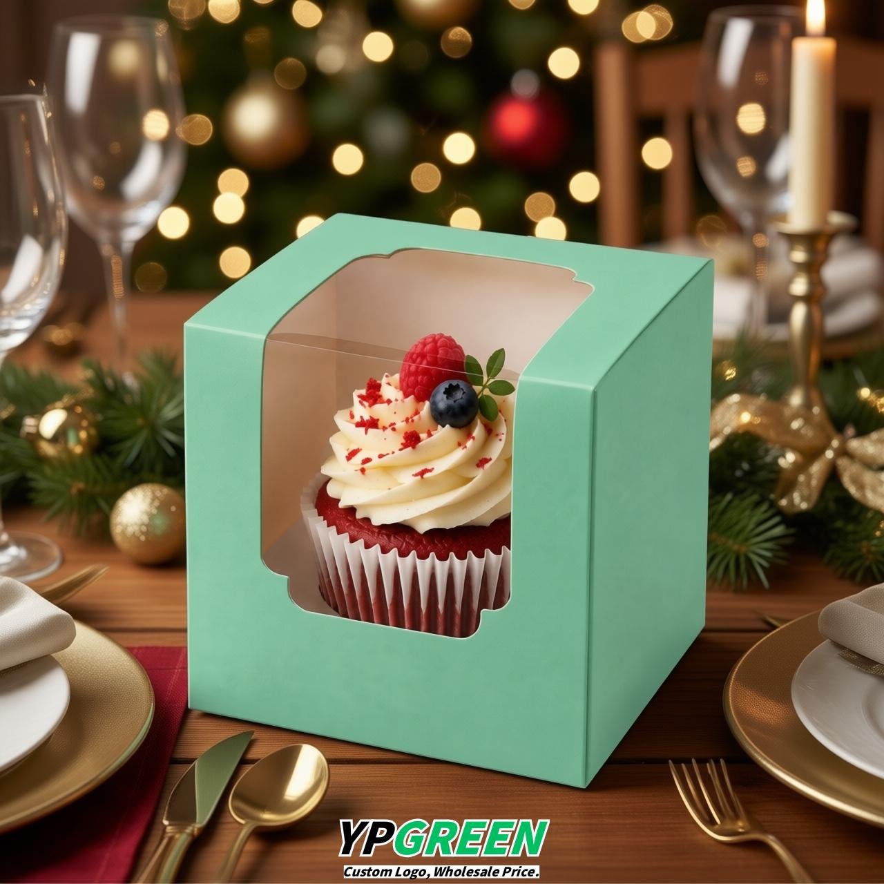 Mint Green Individual 3.5 inches Square Paper Cupcake Box Containers with Windows & Inserts