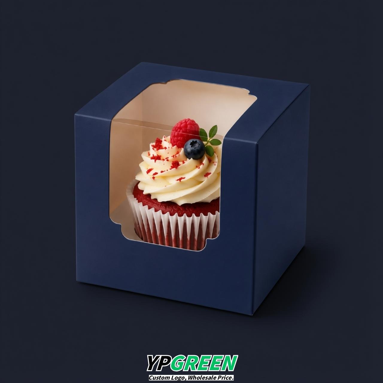 Navy Blue Individual 3.5 inches Square Paper Cupcake Box Containers with Windows & Inserts