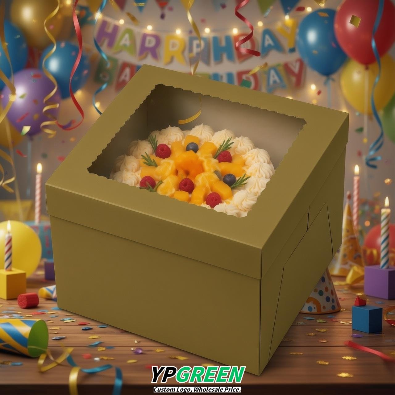 Ochre 10 & 12 inches Tall Cake Box with Window - Square Cardboard Cake Box
