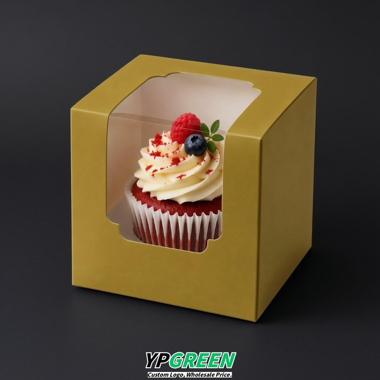 Ochre Individual 3.5 inches Square Paper Cupcake Box Containers with Windows & Inserts