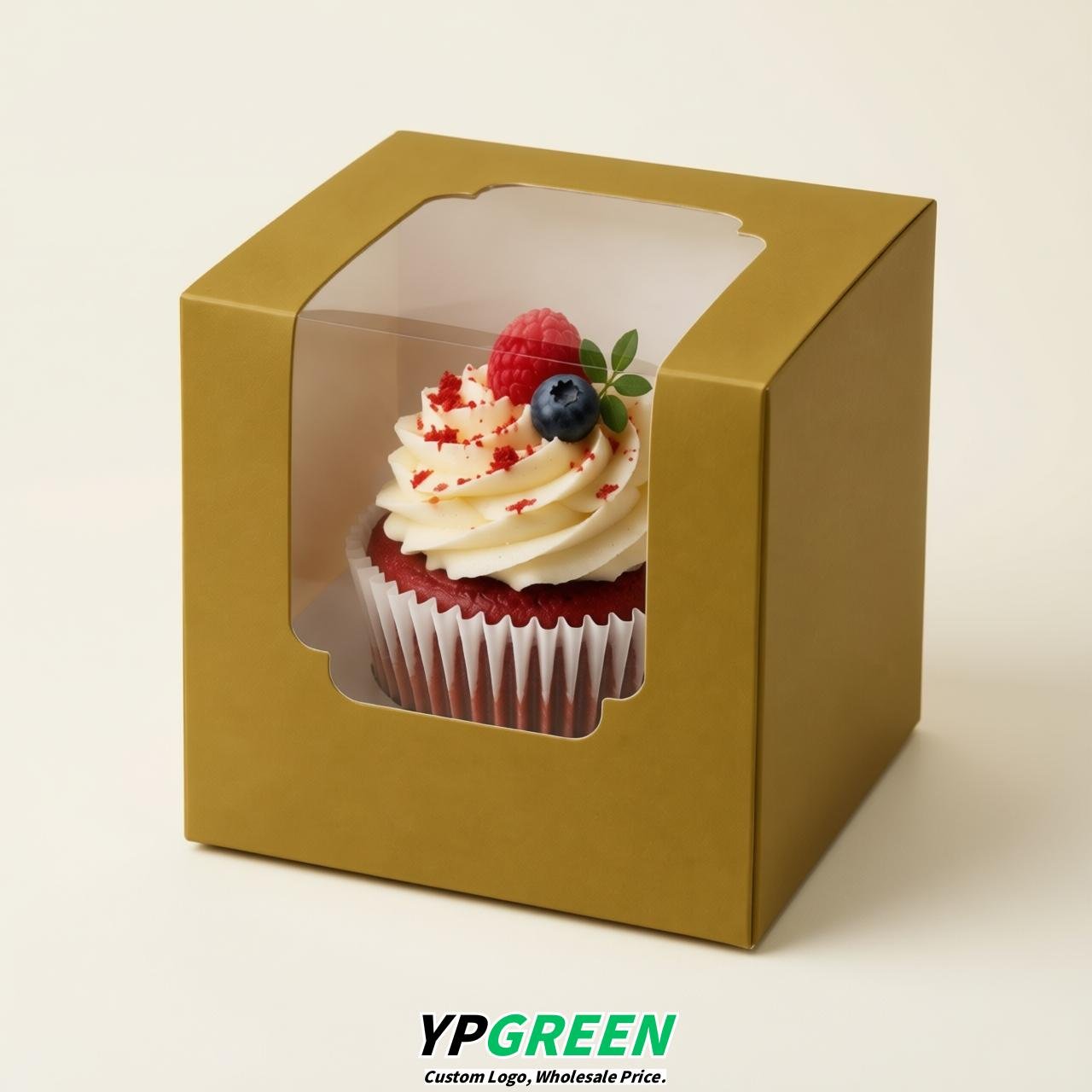 Ochre Individual 3.5 inches Square Paper Cupcake Box Containers with Windows & Inserts