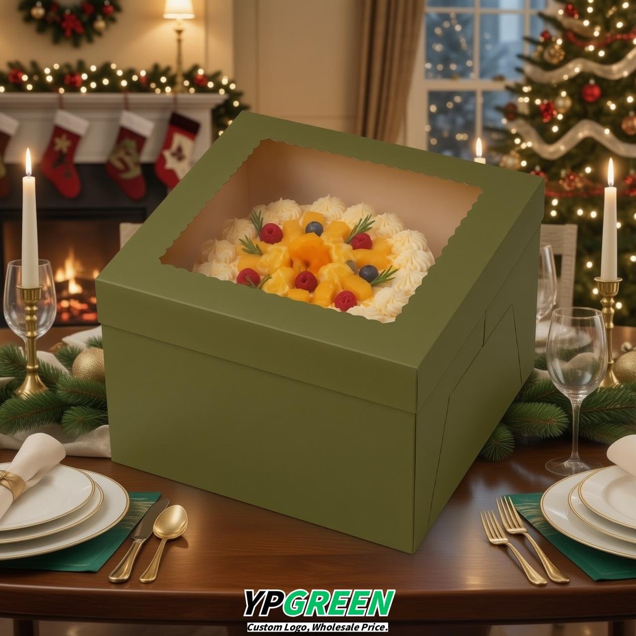 Olive Green 10 & 12 inches Tall Cake Box with Window - Square Cardboard Cake Box