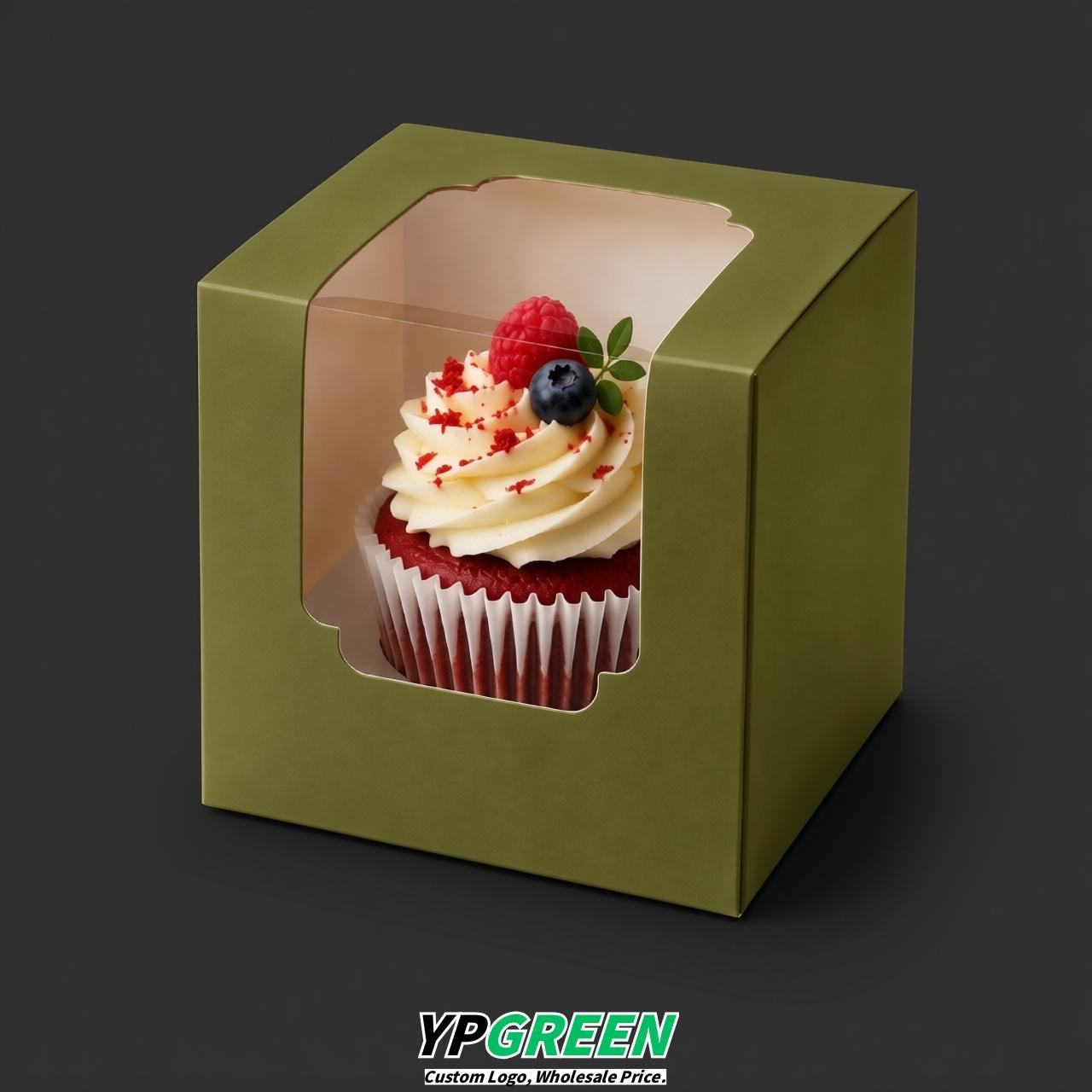 Olive Green Individual 3.5 inches Square Paper Cupcake Box Containers with Windows & Inserts