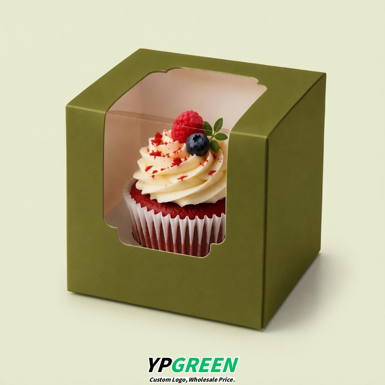 Olive Green Individual 3.5 inches Square Paper Cupcake Box Containers with Windows & Inserts