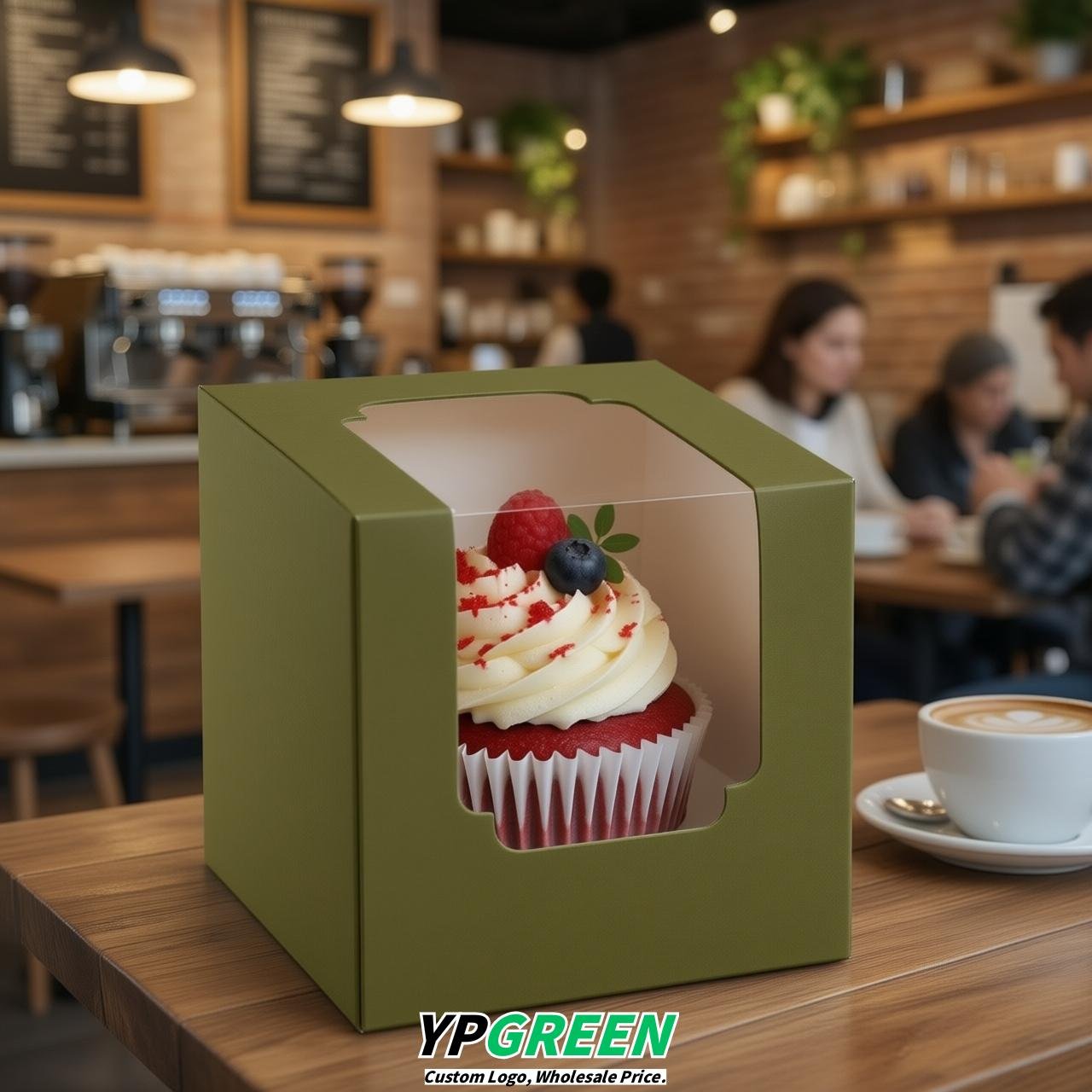 Olive Green Individual 3.5 inches Square Paper Cupcake Box Containers with Windows & Inserts